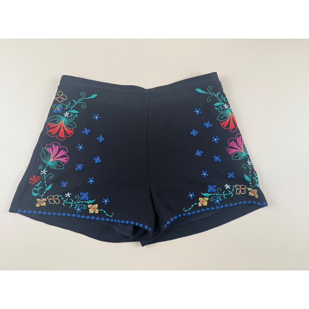 Boho Floral Embroidered Shorts Black High Waist Large Xhilaration